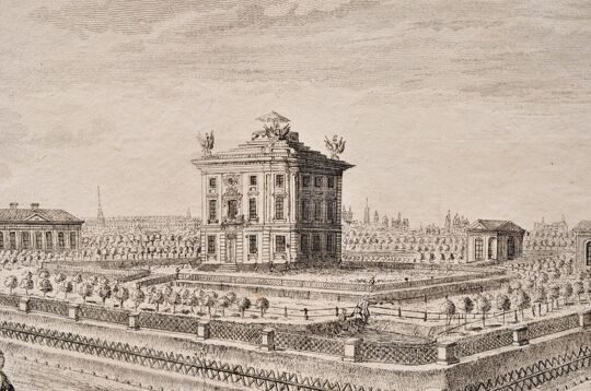 П. Я. Штелин. Усадьба графа Строганова. Гравюра. Санкт-Петербург 1768 год.